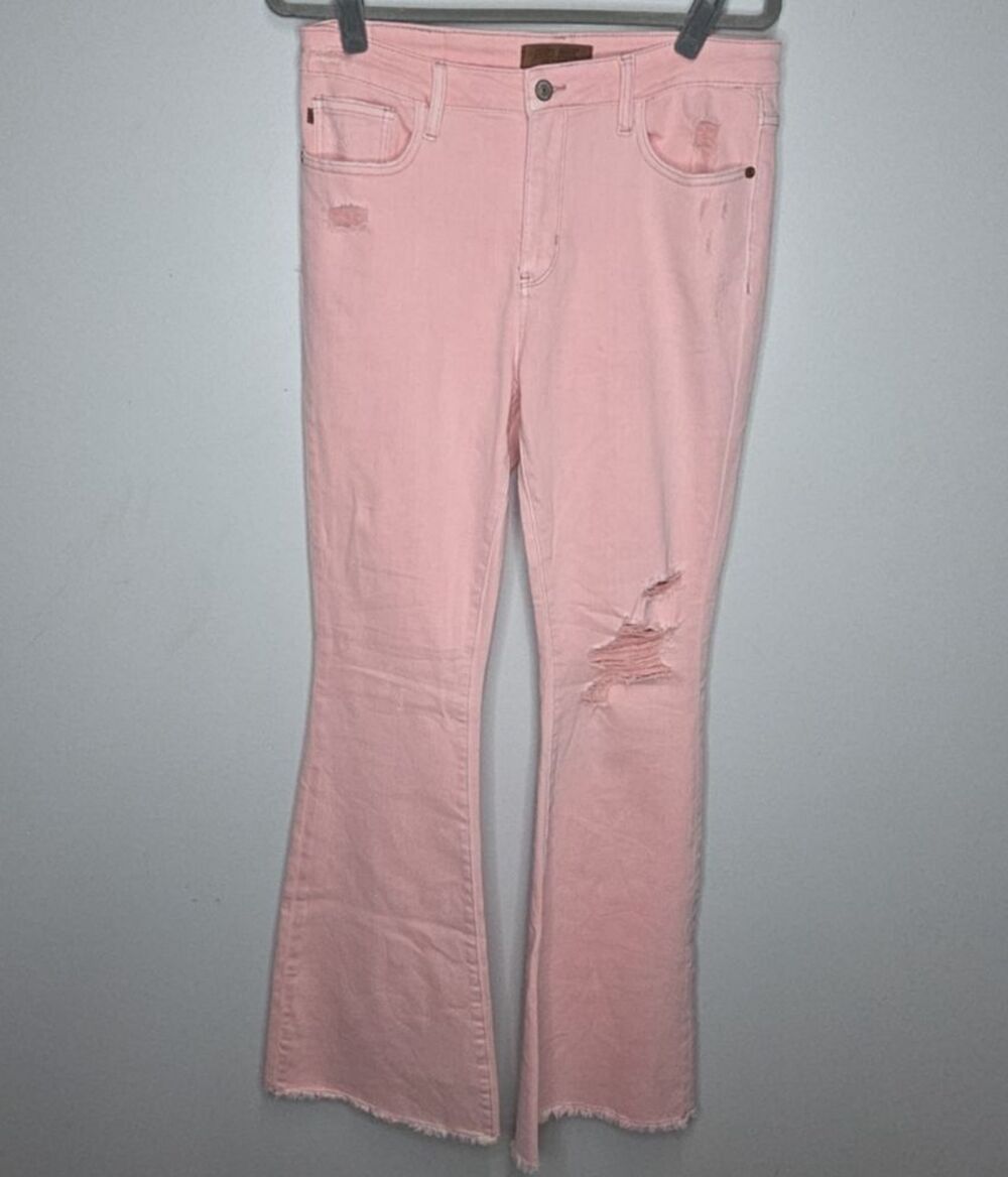 Judy Blue Distressed Flare Jeans Garment Dyed Pink Raw Hem Womens Size 13 / 31